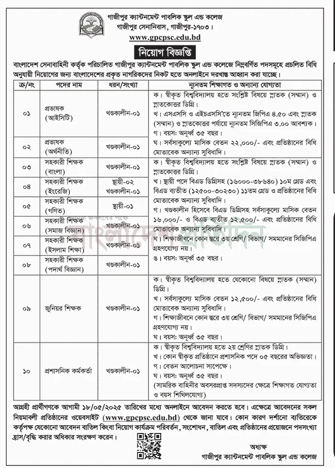 গাজীপুর ক্যান্টনমেন্ট পাবলিক স্কুল ও কলেজ নিয়োগ বিজ্ঞপ্তি ২০২৫। Job Circular 2025। ২
