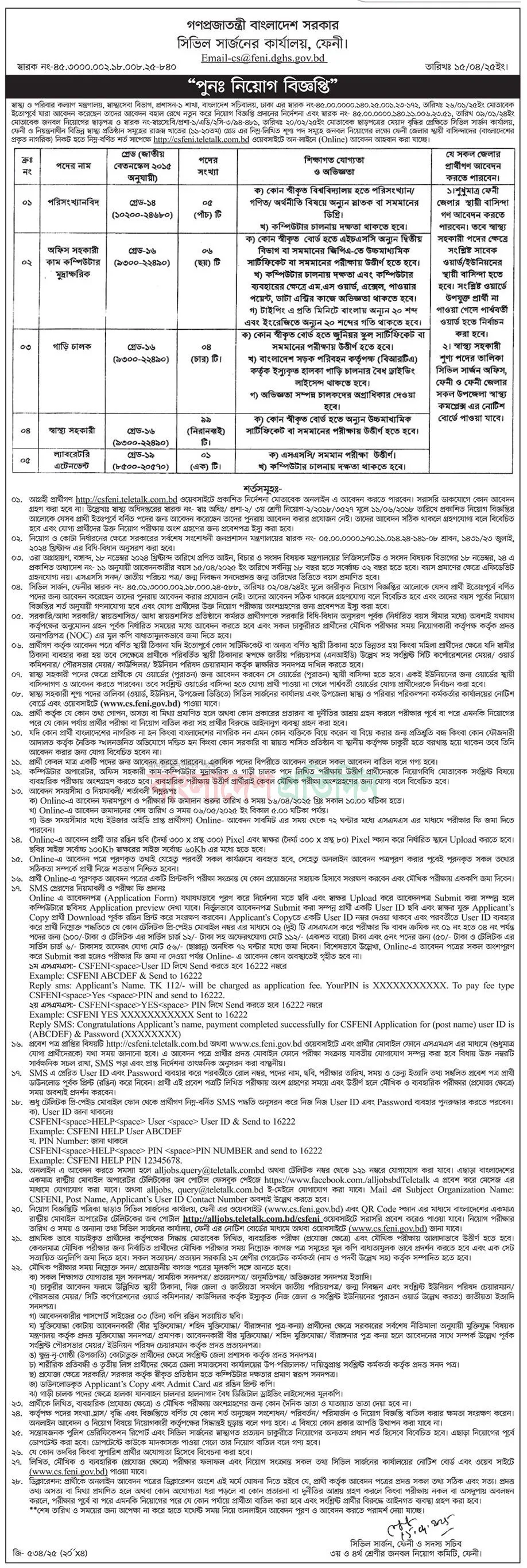 ফেনী সিভিল সার্জনের কার্যালয় নিয়োগ পদ ১১৫ টি। CS Feni Job Circular 2025।