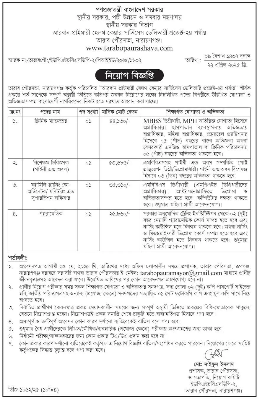 স্থানীয় সরকার নিয়োগ বিজ্ঞপ্তি ২০২৫। জেলার চাকরির খবর। ২