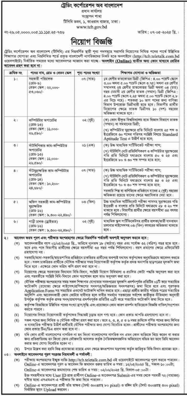 TCB Job Circular 2025। ট্রেডিং কর্পোরেশন অব বাংলাদেশ নিয়োগ বিজ্ঞপ্তি ২০২৫। ২