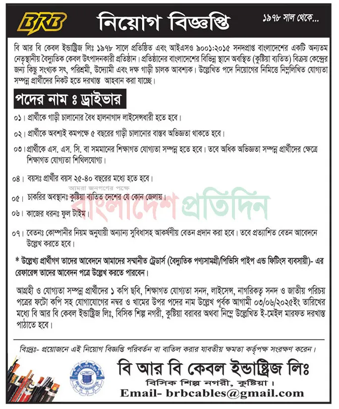 BRB Cable Industries Limited Job Circular 2025। বিআরবি কেবল ইন্ডাস্ট্রিজ লিমিটেড নিয়োগ বিজ্ঞপ্তি ২০২৫। 2