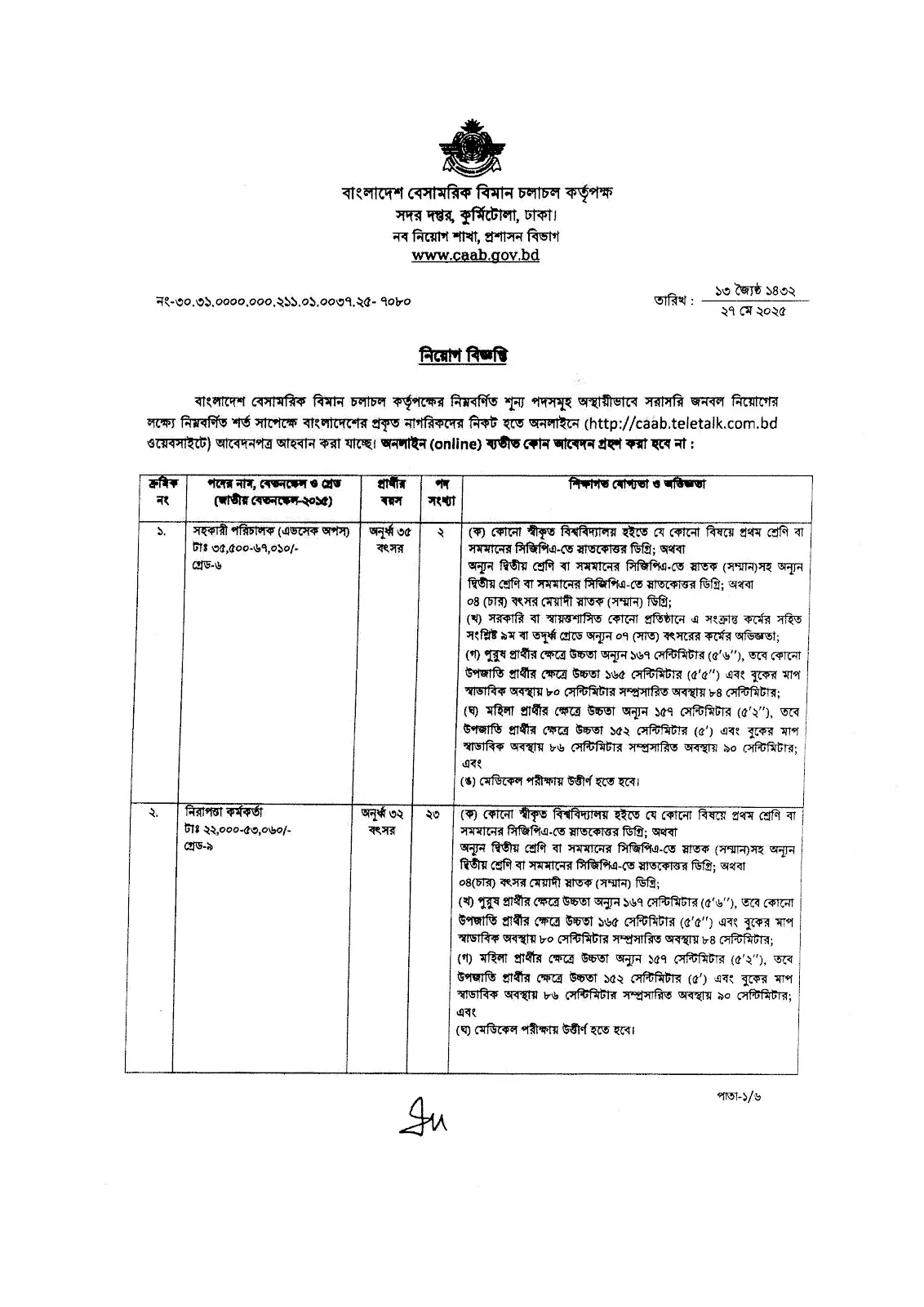 CAAB Job Circular 2025। বাংলাদেশ বেসামরিক বিমান চলাচল কর্তৃপক্ষ নিয়োগ বিজ্ঞপ্তি ২০২৫। ১