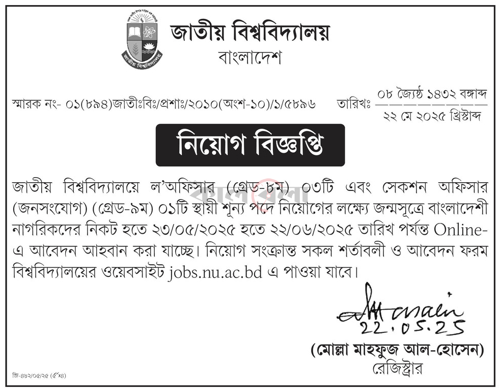 ঢাকা বিশ্ববিদ্যালয় নিয়োগ চলমান নিয়োগ ০৫ টি। Dhaka University Job Circular 2025। 2