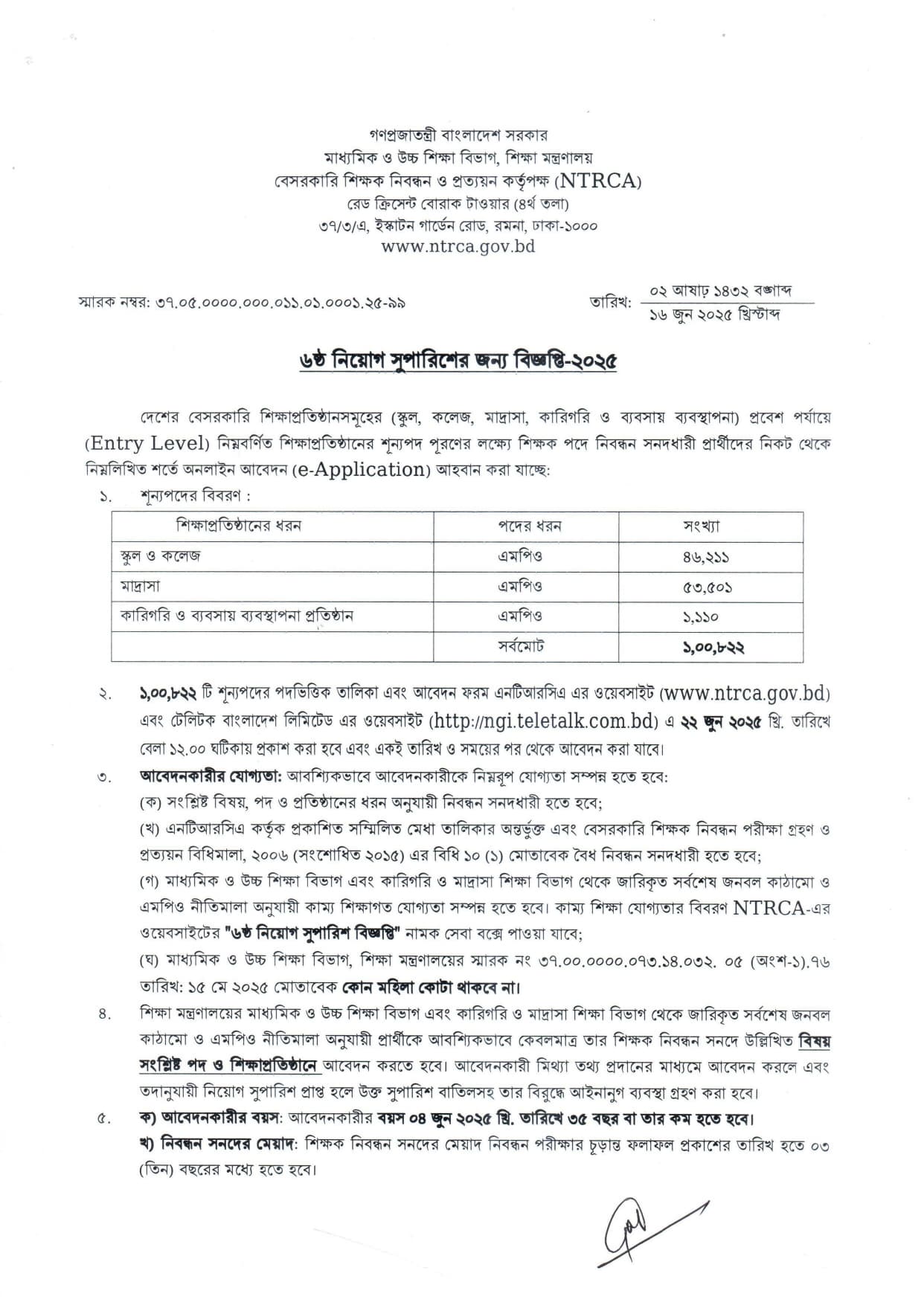 NTRCA Job Circular 2025। বেসরকারি শিক্ষক নিবন্ধন ও প্রত্যয়ন কর্তৃপক্ষ  ১,০০,৮২২ জন নিয়োগ। 1