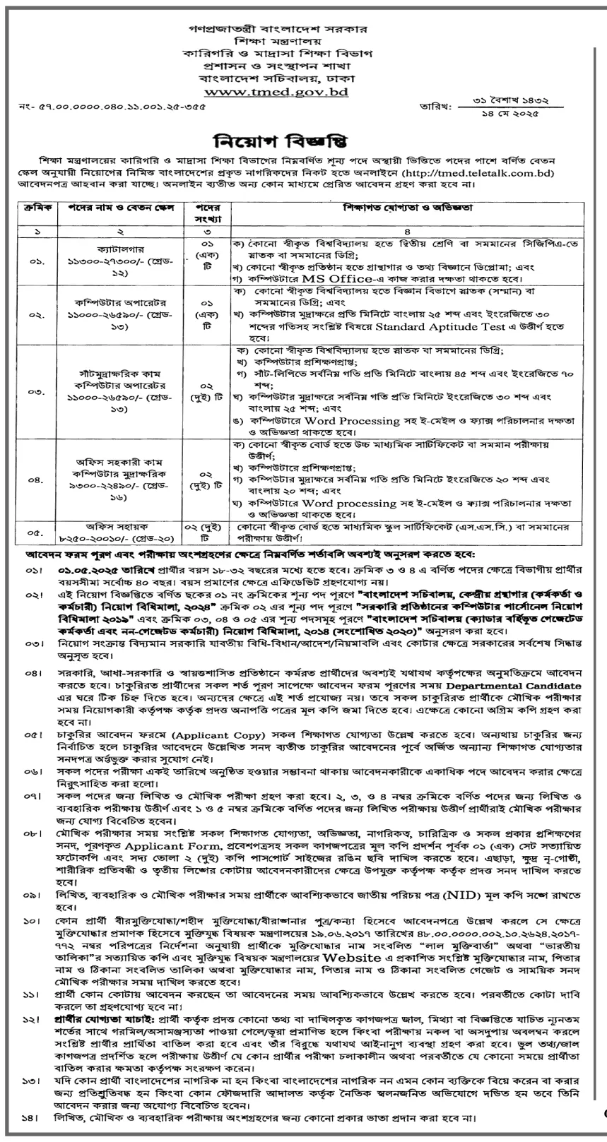 Bd Govt Job। কারিগরি ও মাদ্রাসা শিক্ষা বিভাগ নিয়োগ বিজ্ঞপ্তি ২০২৫। ২