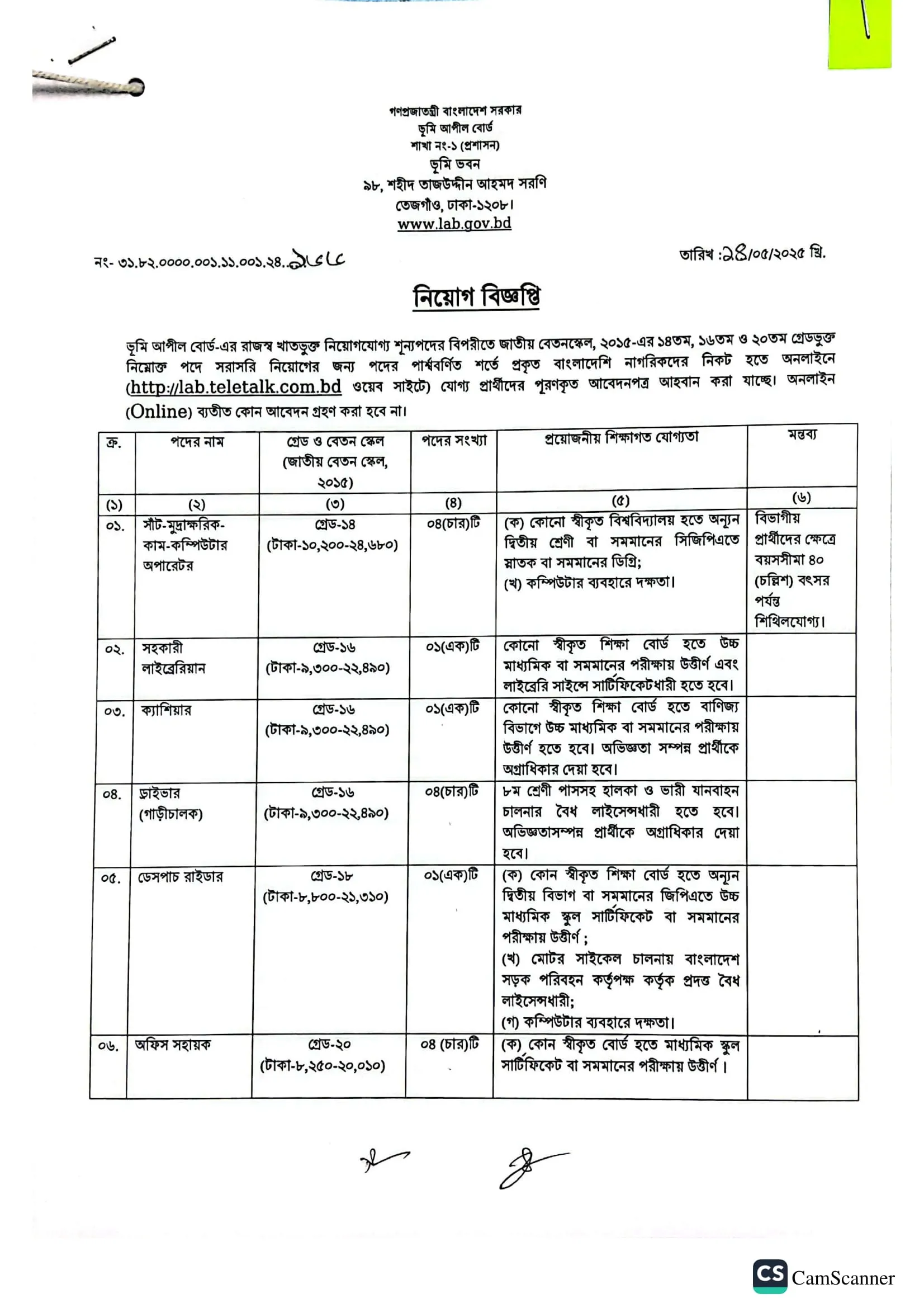 Vumi Appeal Board Job Circular 2025। ভূমি আপীল বোর্ড নিয়োগ বিজ্ঞপ্তি ২০২৫। 2